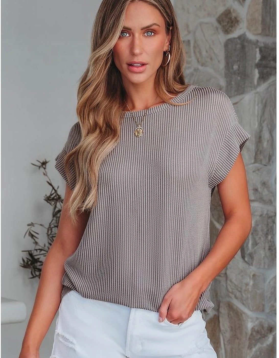 Gray Twisted Rib Wide Sleeve Crew Neck T Shirt