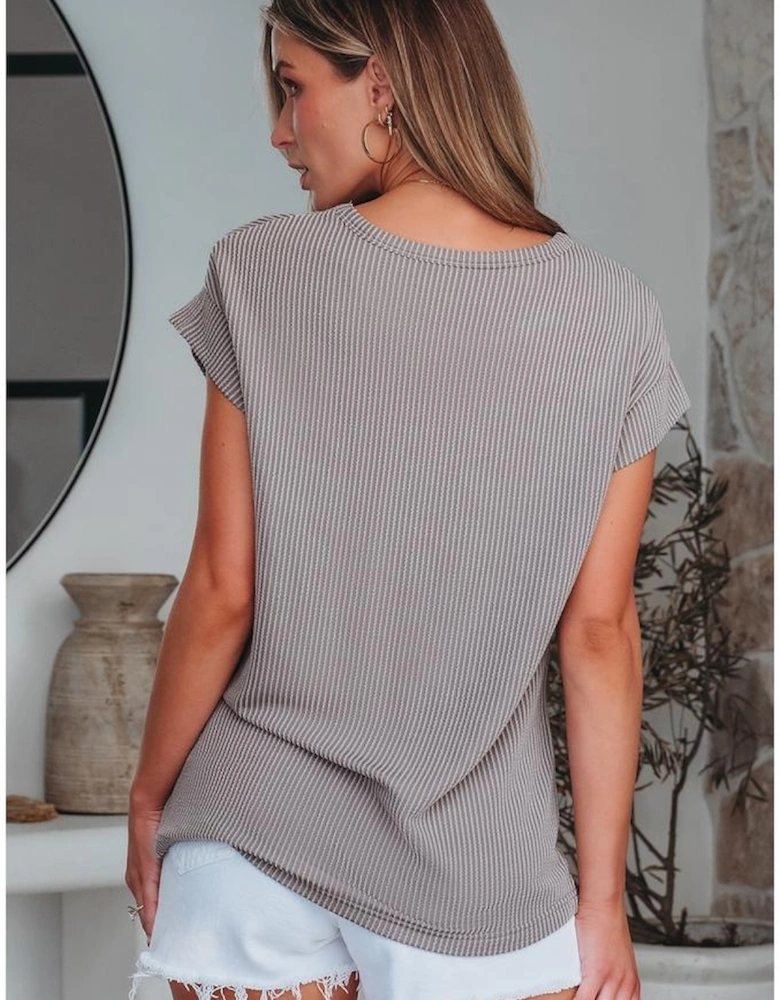 Gray Twisted Rib Wide Sleeve Crew Neck T Shirt