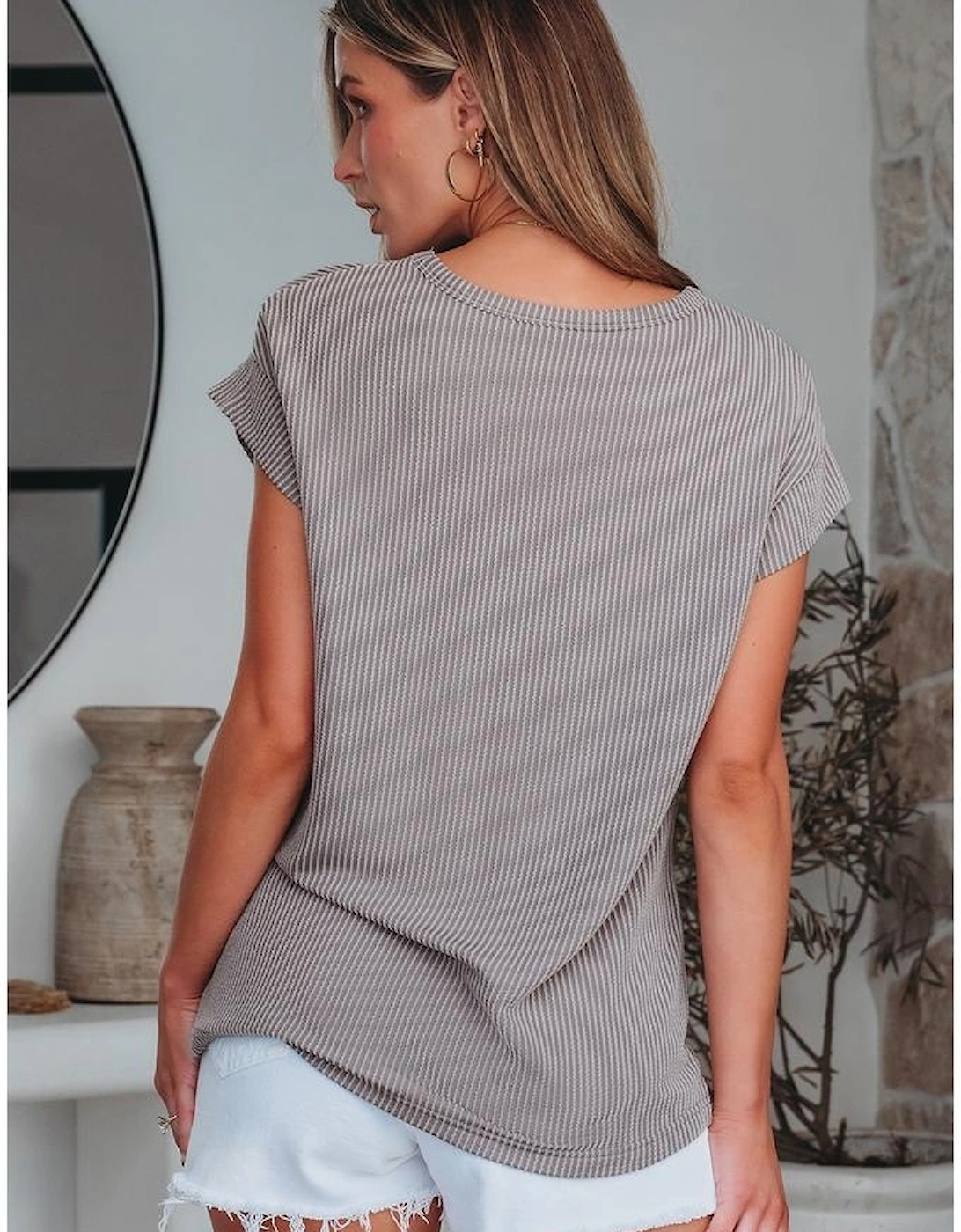Gray Twisted Rib Wide Sleeve Crew Neck T Shirt