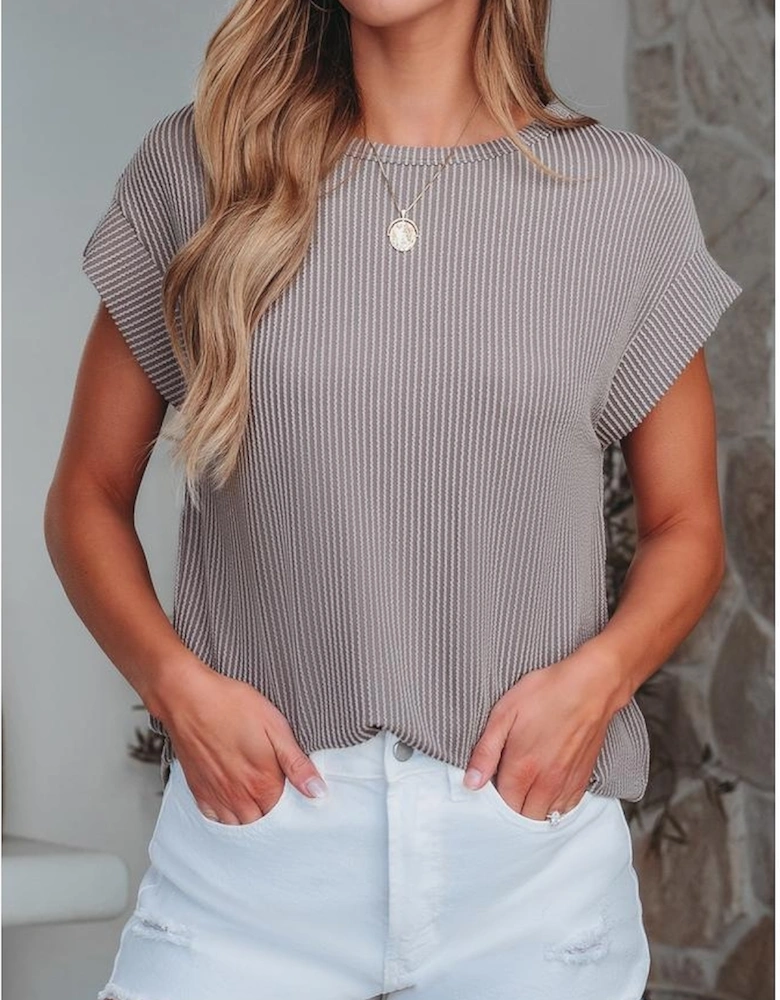 Gray Twisted Rib Wide Sleeve Crew Neck T Shirt