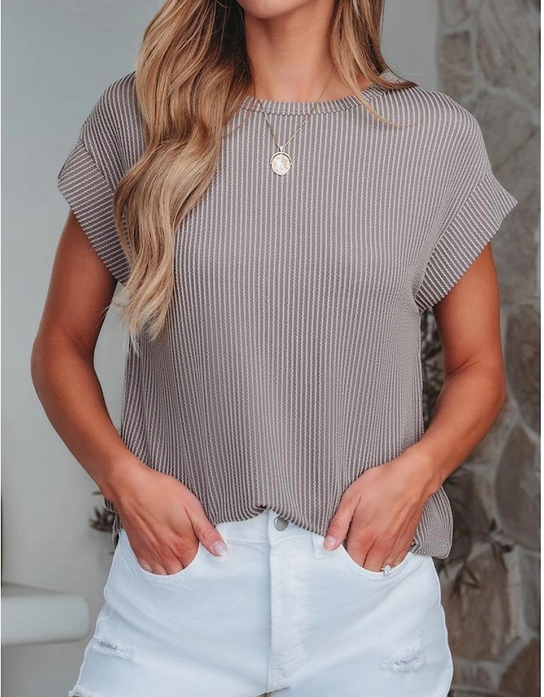 Gray Twisted Rib Wide Sleeve Crew Neck T Shirt