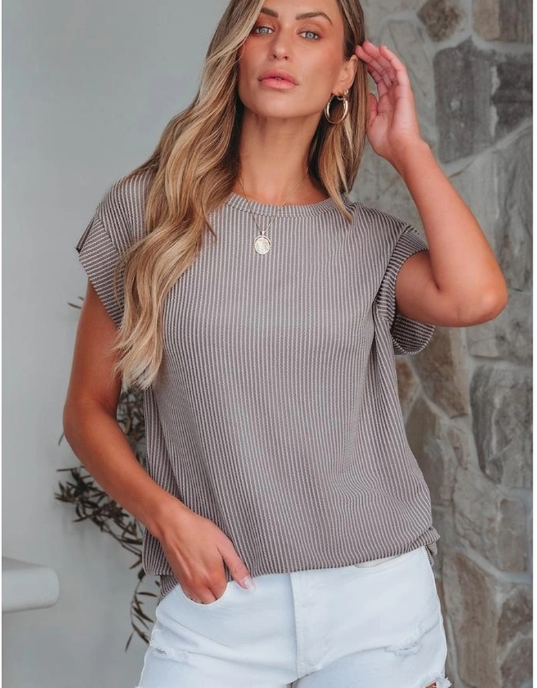Gray Twisted Rib Wide Sleeve Crew Neck T Shirt
