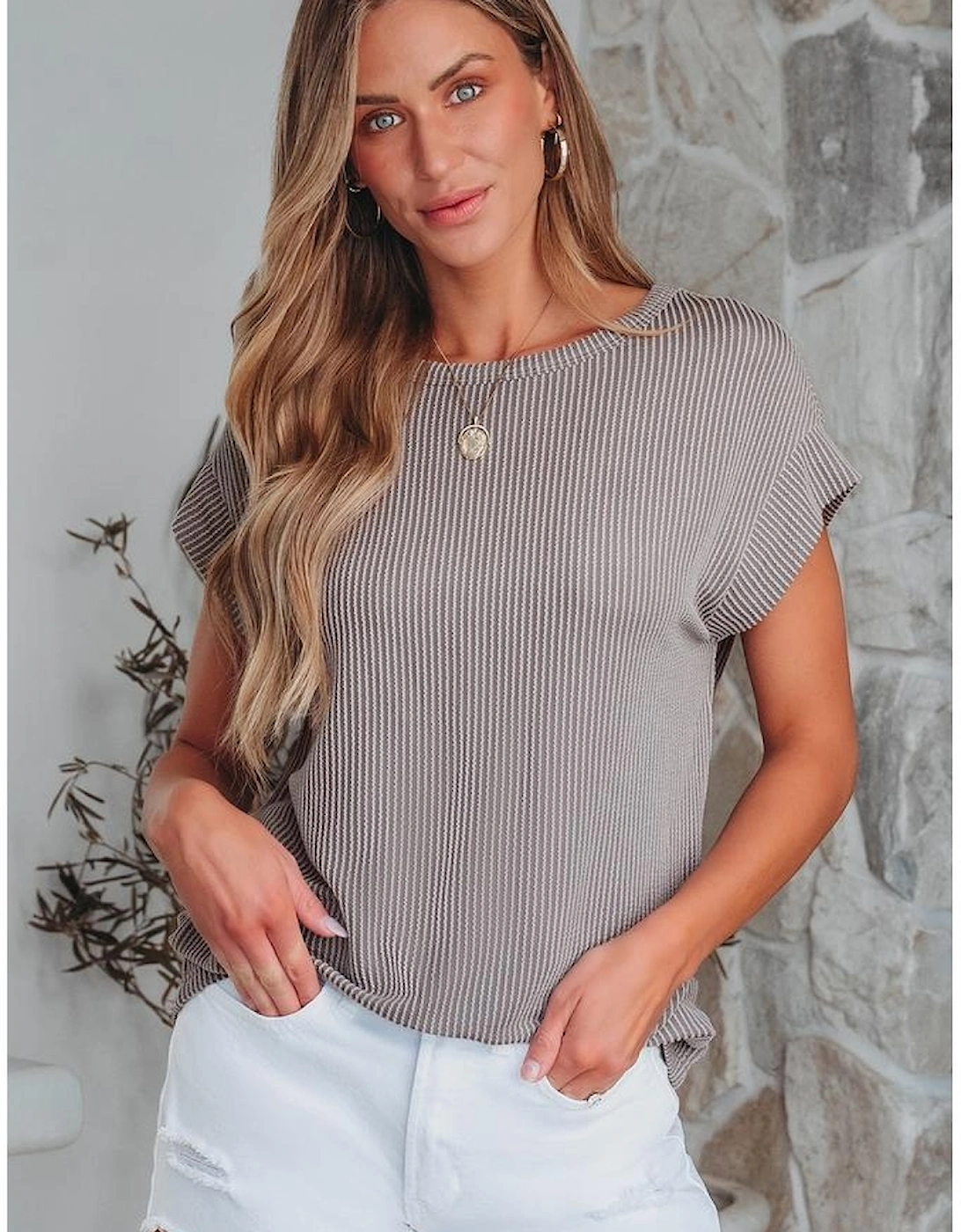 Gray Twisted Rib Wide Sleeve Crew Neck T Shirt