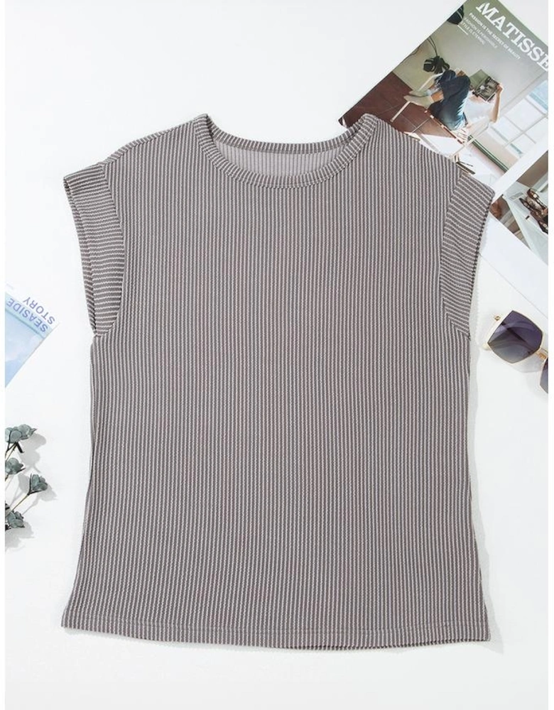 Gray Twisted Rib Wide Sleeve Crew Neck T Shirt