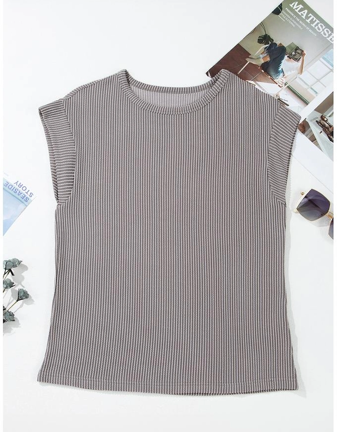 Gray Twisted Rib Wide Sleeve Crew Neck T Shirt