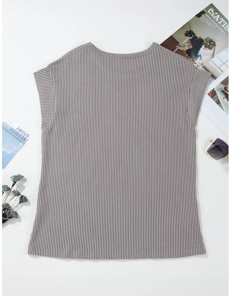 Gray Twisted Rib Wide Sleeve Crew Neck T Shirt