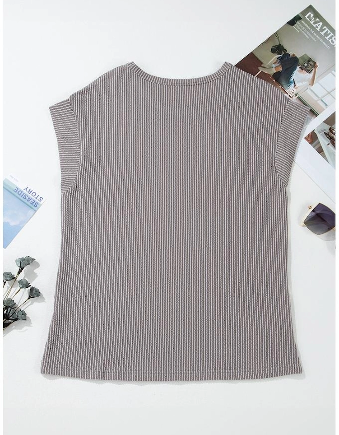 Gray Twisted Rib Wide Sleeve Crew Neck T Shirt