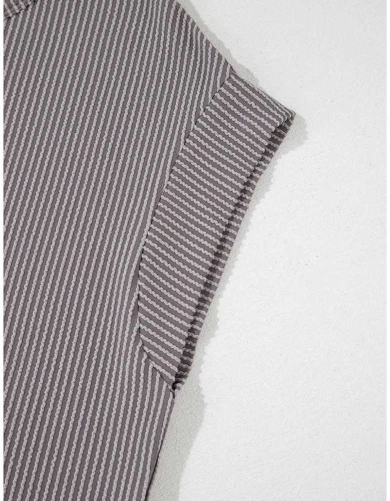 Gray Twisted Rib Wide Sleeve Crew Neck T Shirt