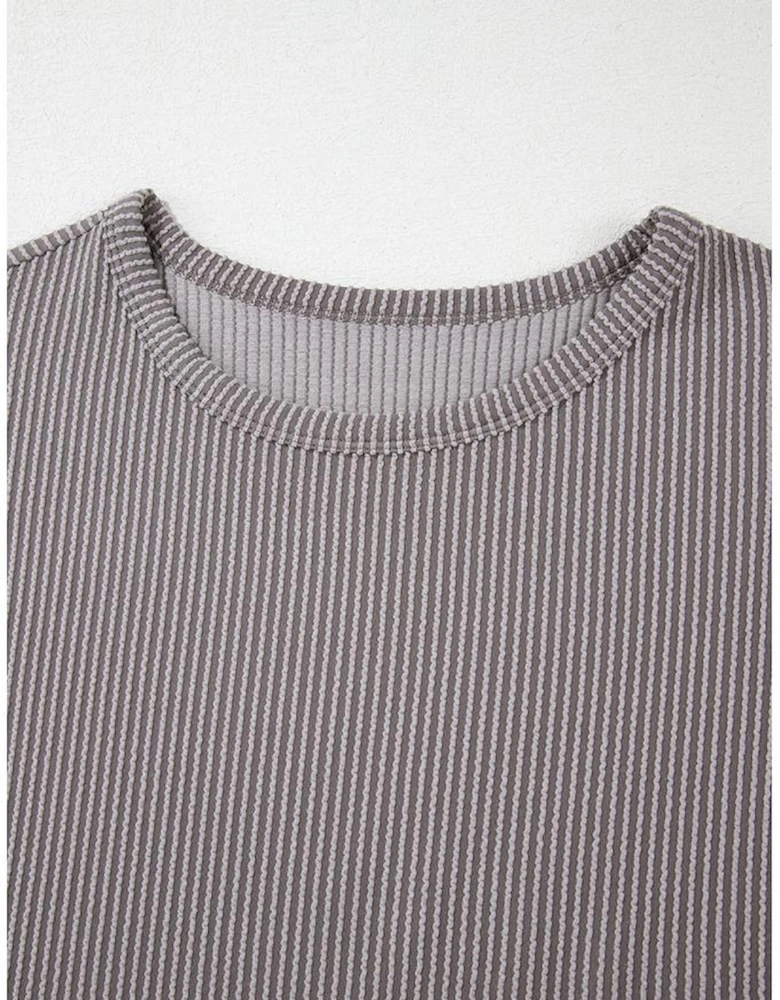 Gray Twisted Rib Wide Sleeve Crew Neck T Shirt