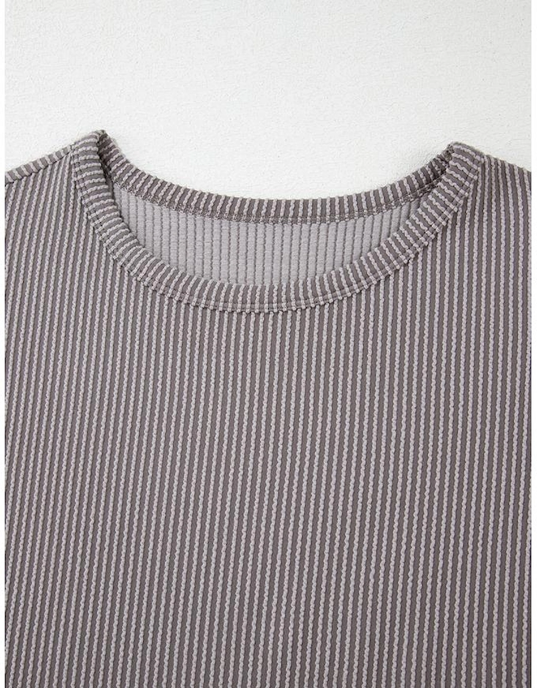 Gray Twisted Rib Wide Sleeve Crew Neck T Shirt