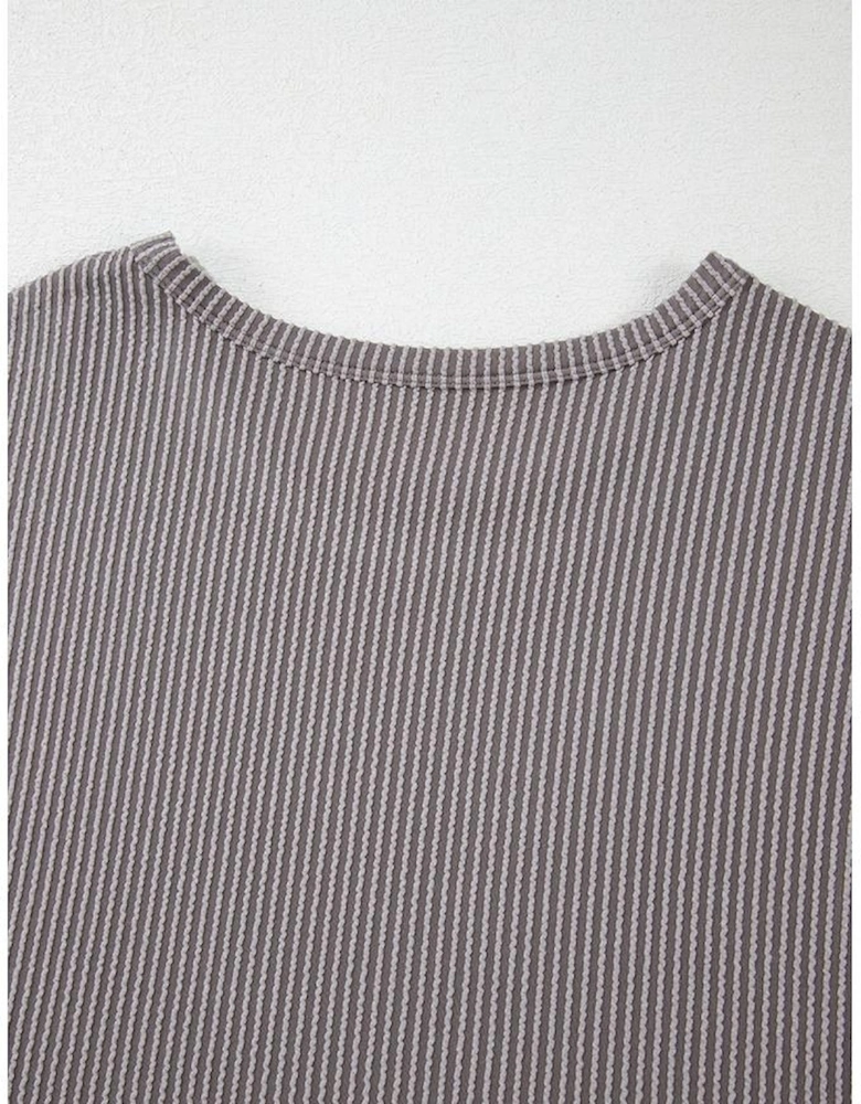 Gray Twisted Rib Wide Sleeve Crew Neck T Shirt