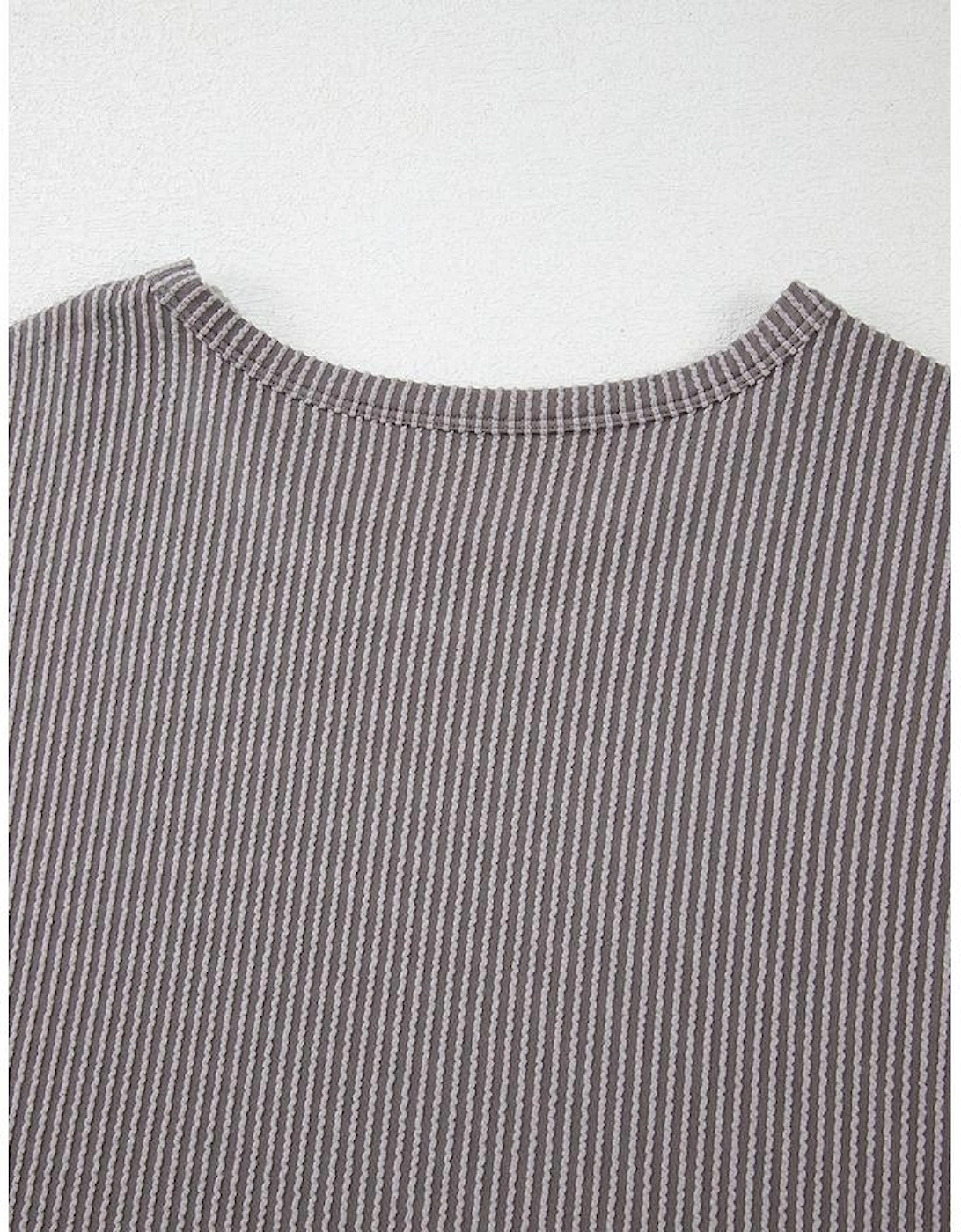 Gray Twisted Rib Wide Sleeve Crew Neck T Shirt