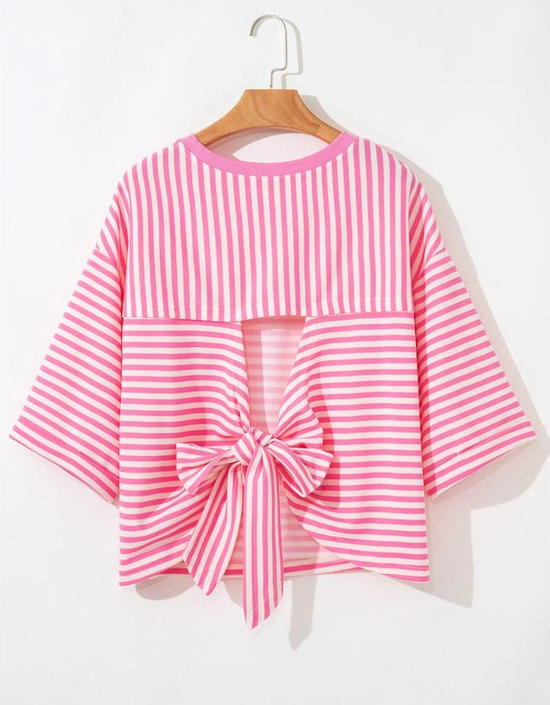 Pink Stripe Bowknot Cutout Back Drop Shoulder Wide Bracelet Sleeve Loose Tee