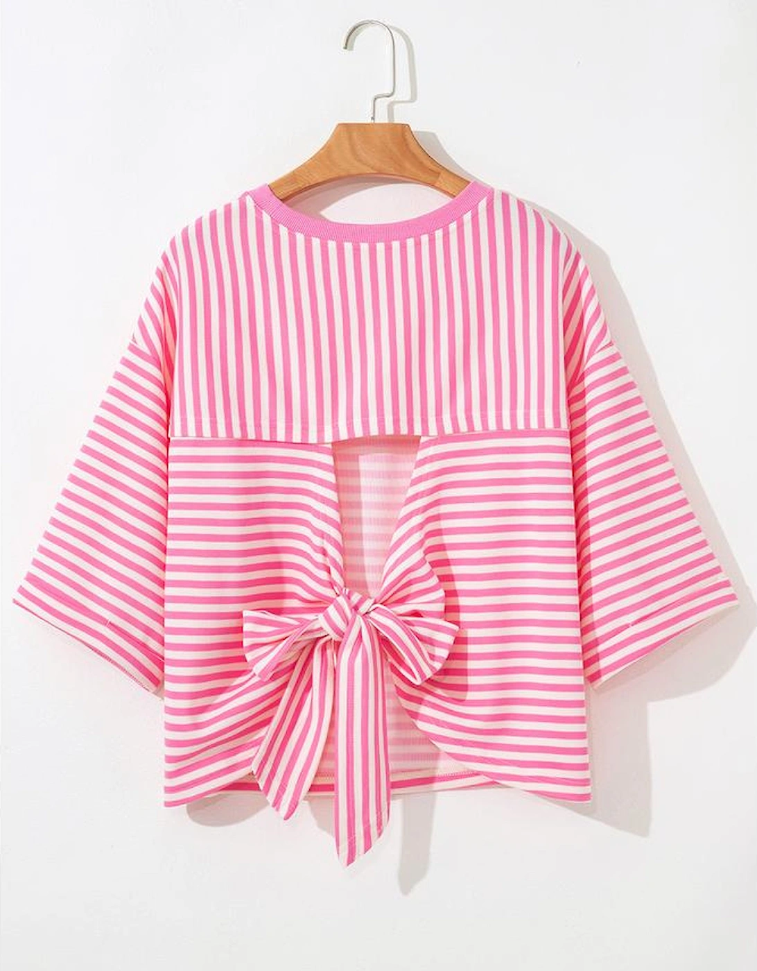 Pink Stripe Bowknot Cutout Back Drop Shoulder Wide Bracelet Sleeve Loose Tee