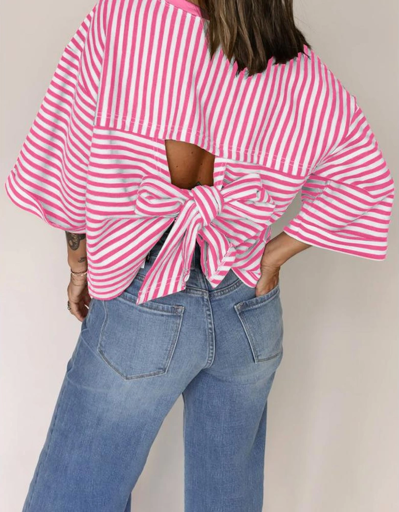 Pink Stripe Bowknot Cutout Back Drop Shoulder Wide Bracelet Sleeve Loose Tee