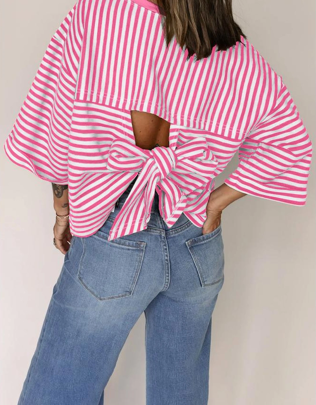 Pink Stripe Bowknot Cutout Back Drop Shoulder Wide Bracelet Sleeve Loose Tee, 13 of 12