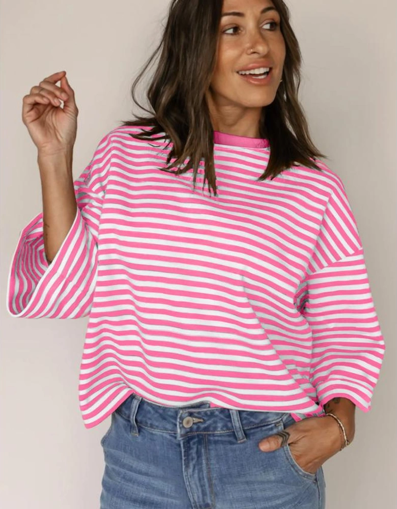Pink Stripe Bowknot Cutout Back Drop Shoulder Wide Bracelet Sleeve Loose Tee