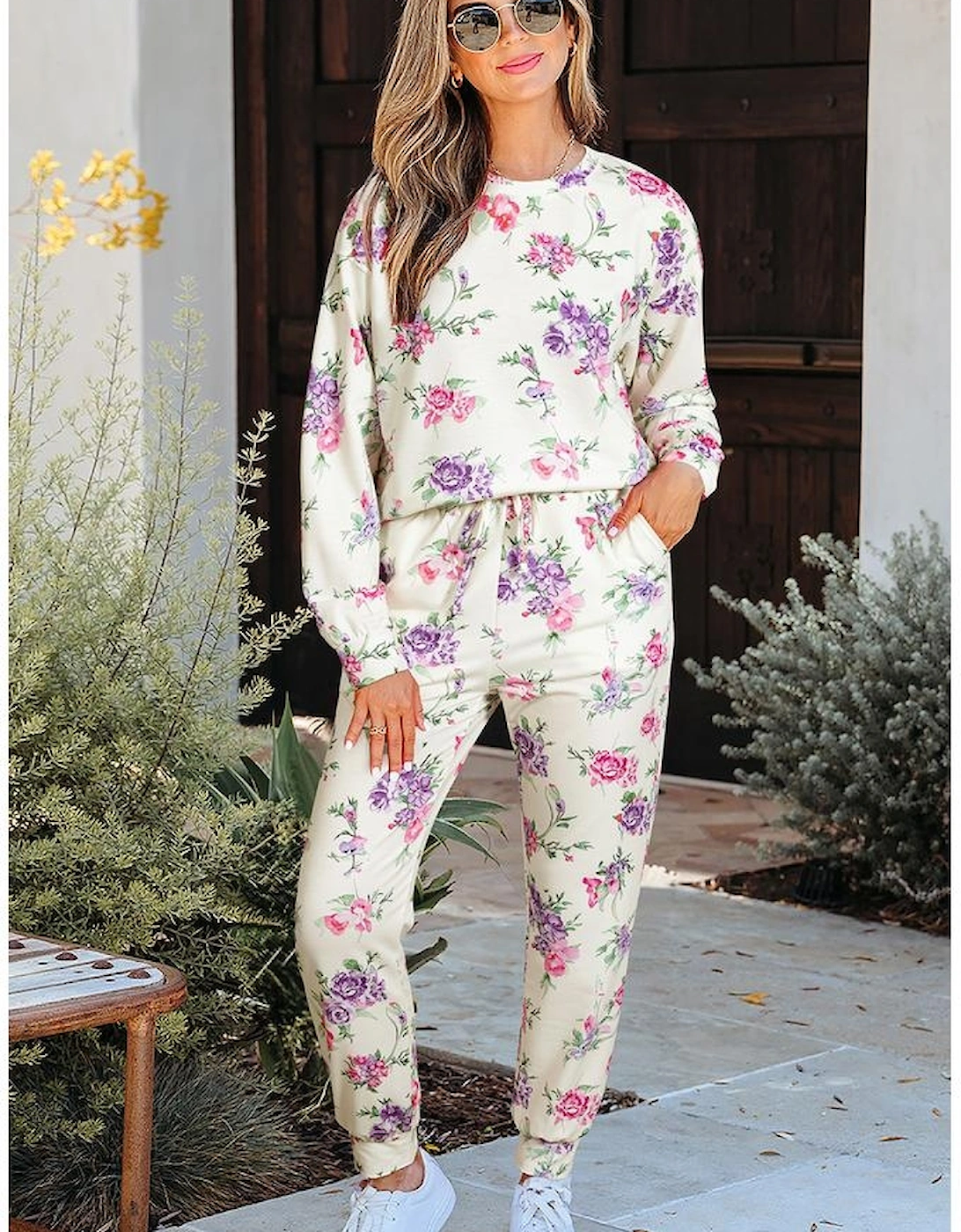 Apricot Floral Print Pullover Drawstring Lounge Pants Set