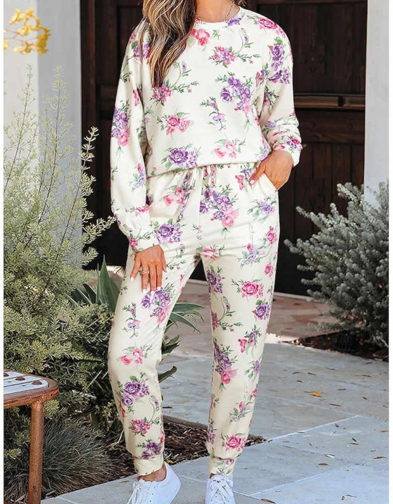 Apricot Floral Print Pullover Drawstring Lounge Pants Set
