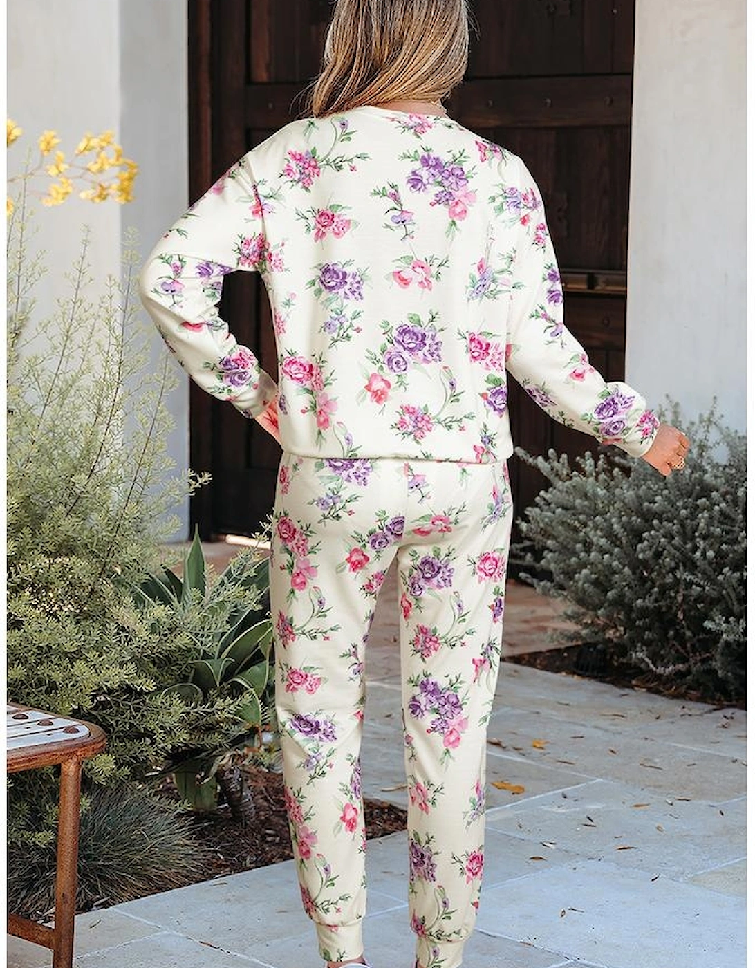 Apricot Floral Print Pullover Drawstring Lounge Pants Set, 15 of 14