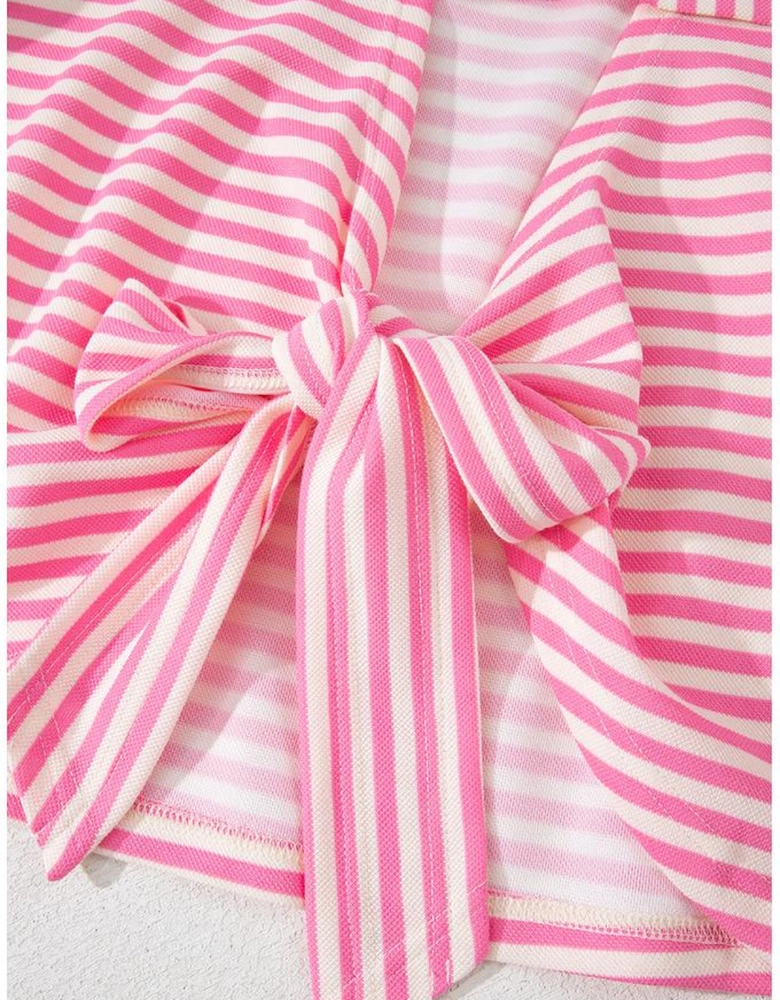 Pink Stripe Bowknot Cutout Back Drop Shoulder Wide Bracelet Sleeve Loose Tee