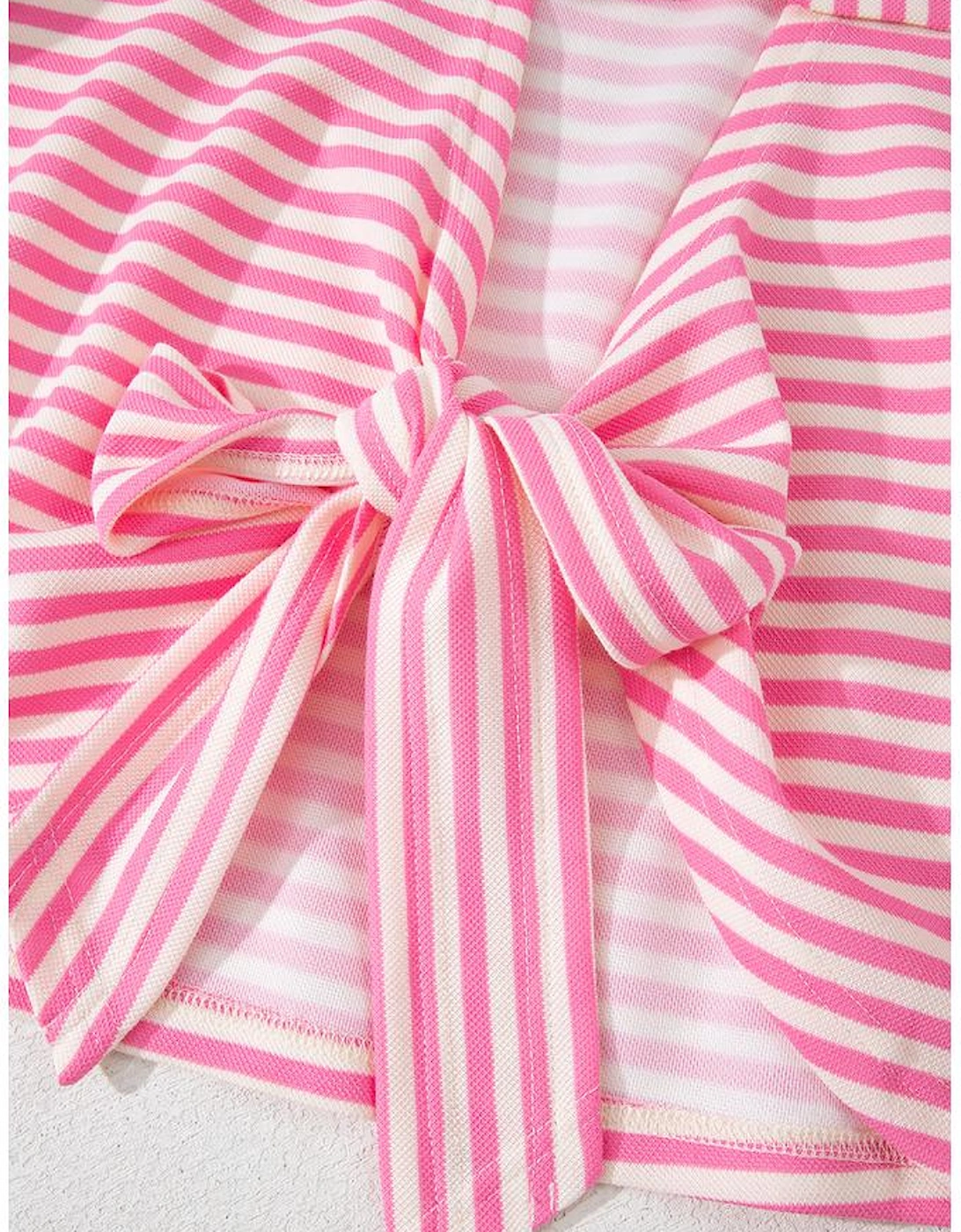 Pink Stripe Bowknot Cutout Back Drop Shoulder Wide Bracelet Sleeve Loose Tee