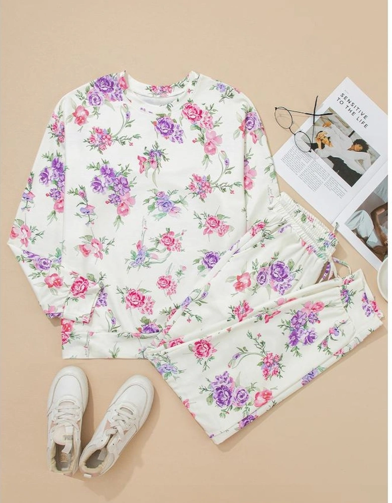 Apricot Floral Print Pullover Drawstring Lounge Pants Set