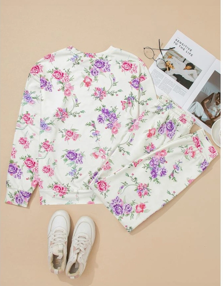 Apricot Floral Print Pullover Drawstring Lounge Pants Set