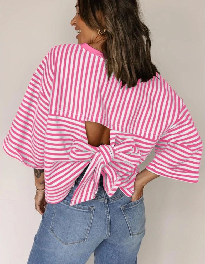 Pink Stripe Bowknot Cutout Back Drop Shoulder Wide Bracelet Sleeve Loose Tee