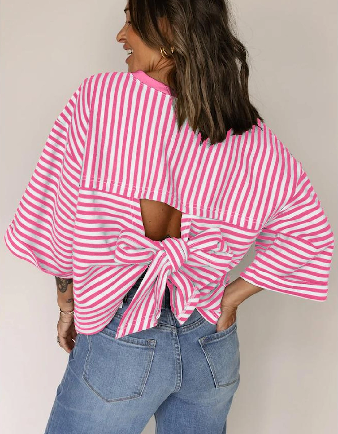 Pink Stripe Bowknot Cutout Back Drop Shoulder Wide Bracelet Sleeve Loose Tee