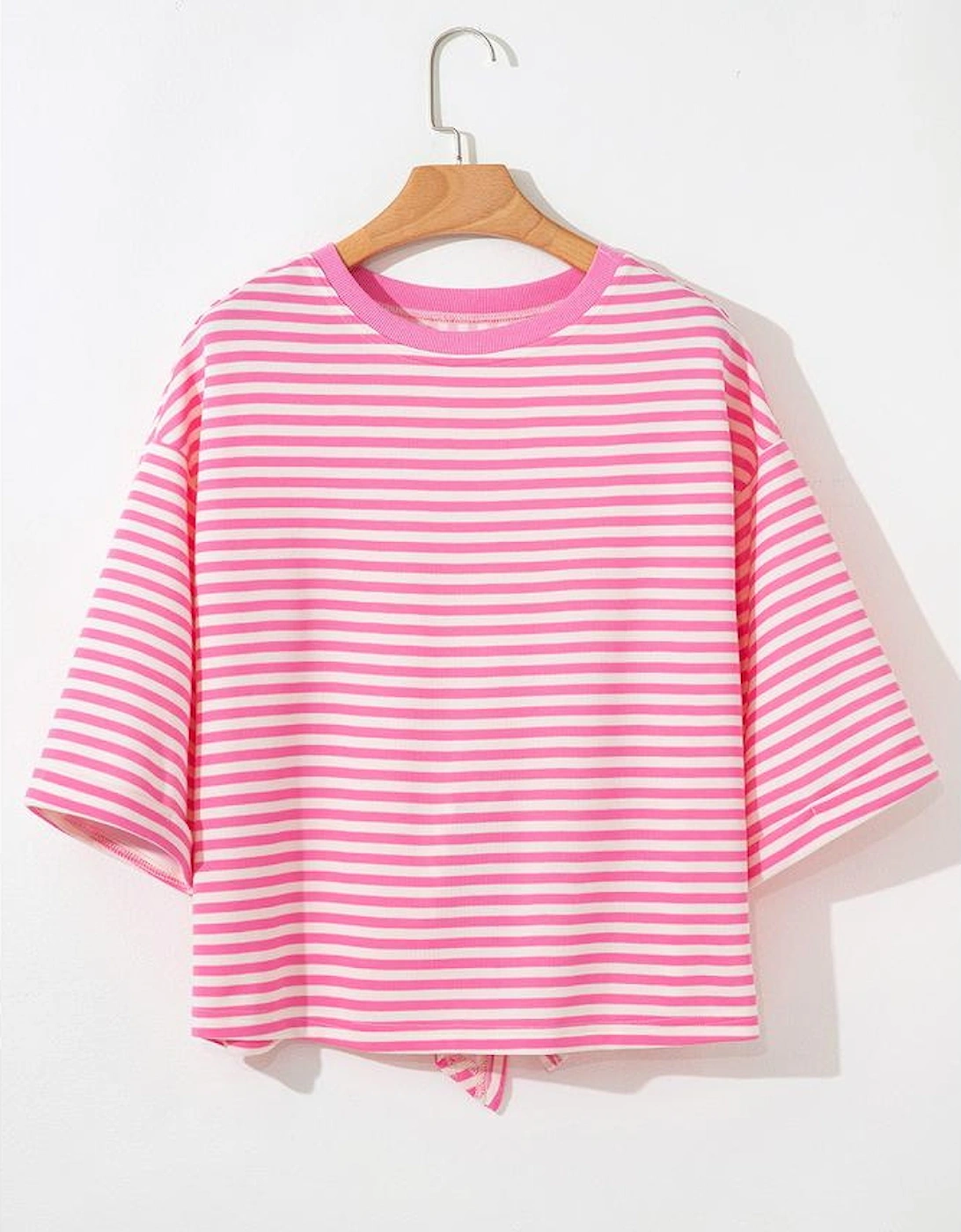 Pink Stripe Bowknot Cutout Back Drop Shoulder Wide Bracelet Sleeve Loose Tee
