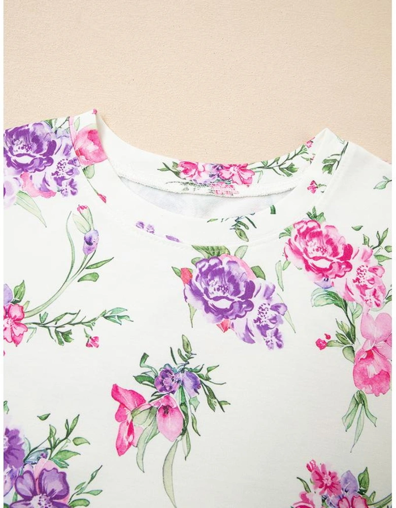 Apricot Floral Print Pullover Drawstring Lounge Pants Set