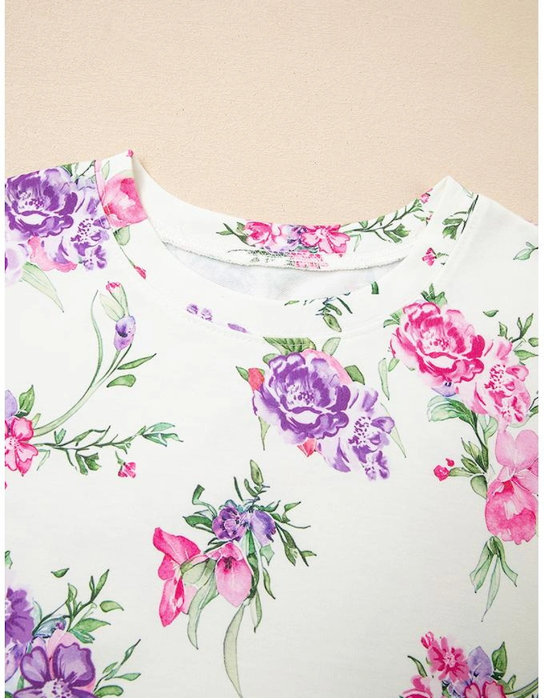 Apricot Floral Print Pullover Drawstring Lounge Pants Set