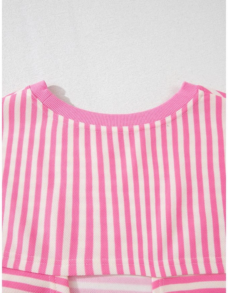 Pink Stripe Bowknot Cutout Back Drop Shoulder Wide Bracelet Sleeve Loose Tee