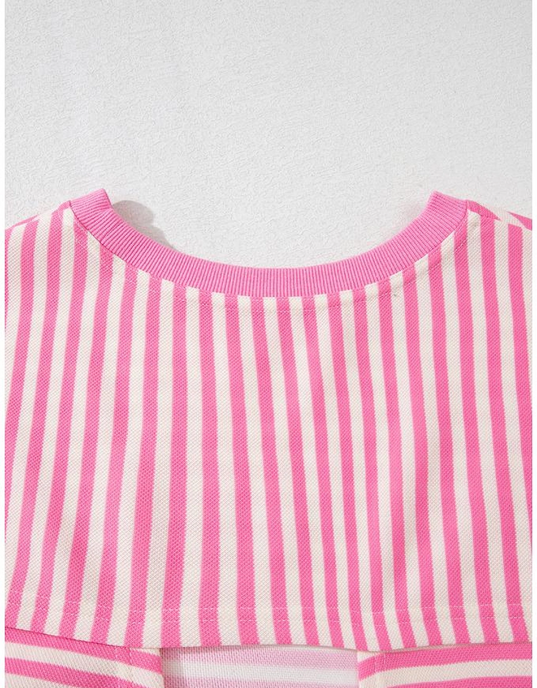Pink Stripe Bowknot Cutout Back Drop Shoulder Wide Bracelet Sleeve Loose Tee