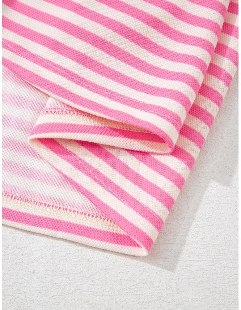 Pink Stripe Bowknot Cutout Back Drop Shoulder Wide Bracelet Sleeve Loose Tee