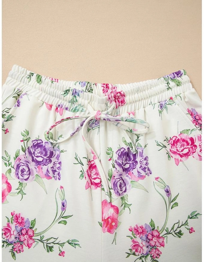 Apricot Floral Print Pullover Drawstring Lounge Pants Set