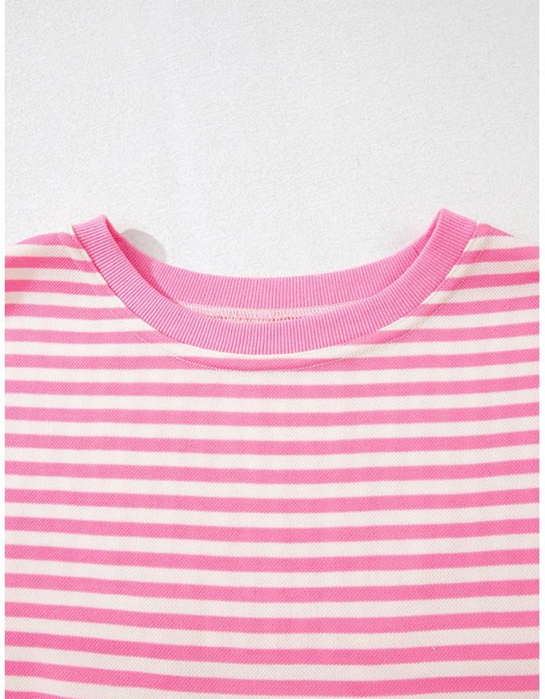 Pink Stripe Bowknot Cutout Back Drop Shoulder Wide Bracelet Sleeve Loose Tee
