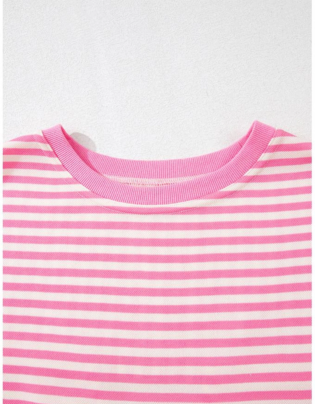 Pink Stripe Bowknot Cutout Back Drop Shoulder Wide Bracelet Sleeve Loose Tee