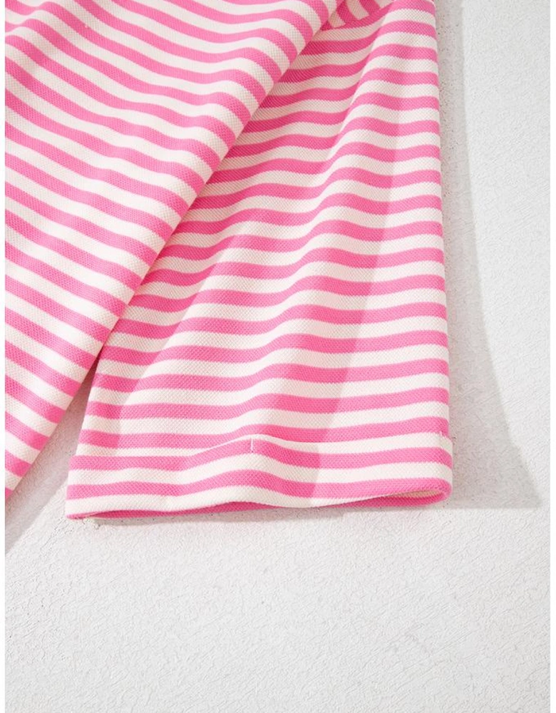 Pink Stripe Bowknot Cutout Back Drop Shoulder Wide Bracelet Sleeve Loose Tee