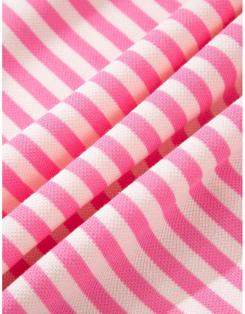 Pink Stripe Bowknot Cutout Back Drop Shoulder Wide Bracelet Sleeve Loose Tee