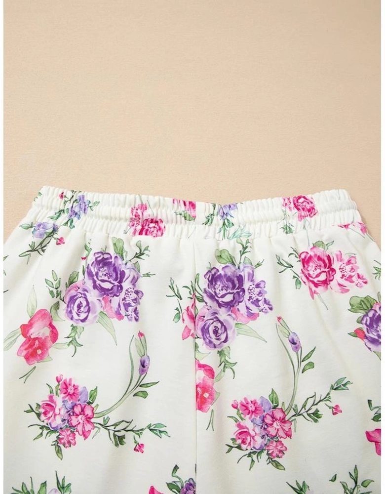 Apricot Floral Print Pullover Drawstring Lounge Pants Set