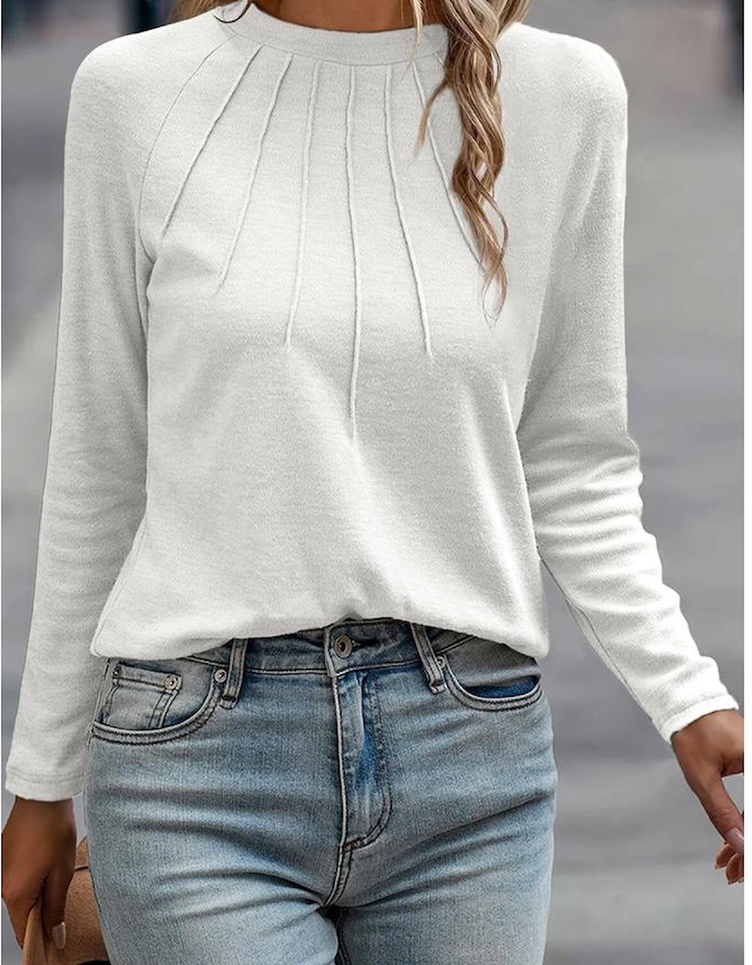 White Solid Color Seam Detail Raglan Long Sleeve Top