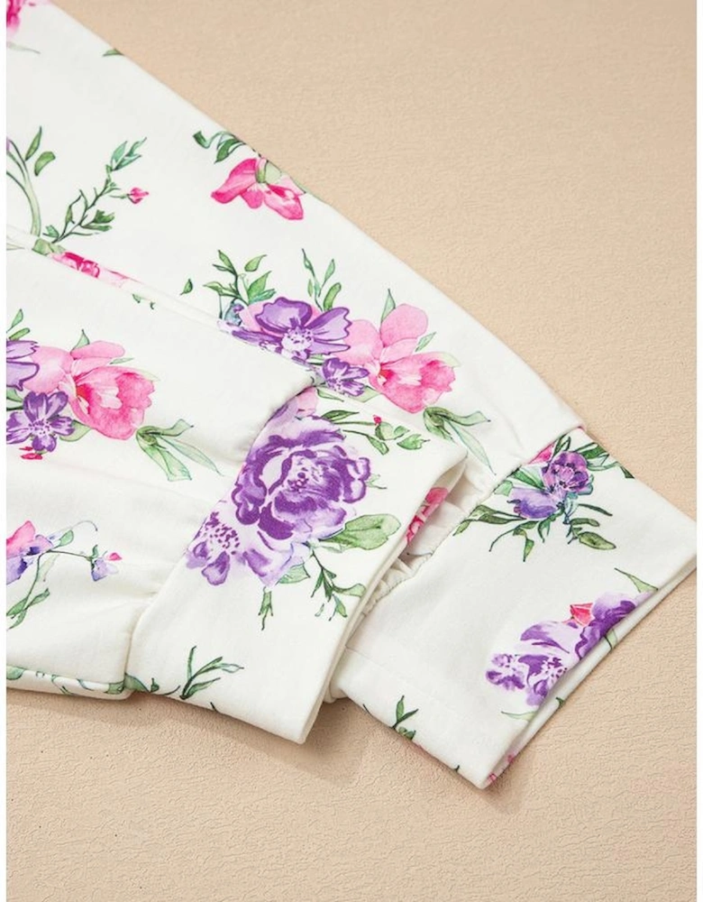 Apricot Floral Print Pullover Drawstring Lounge Pants Set