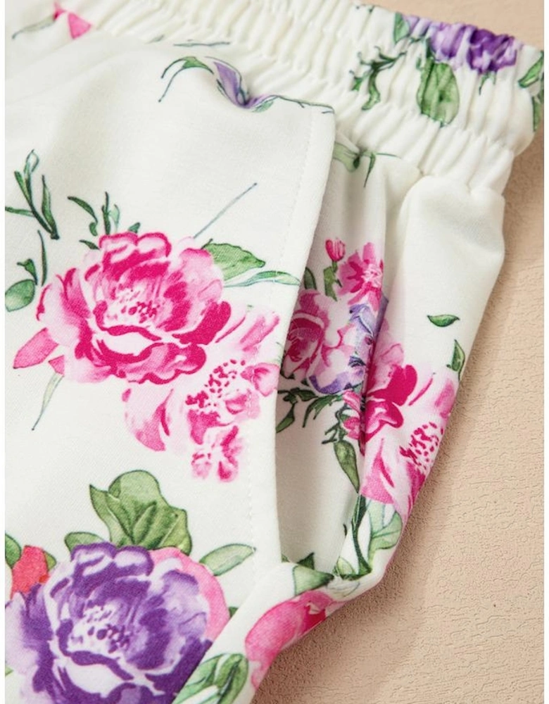 Apricot Floral Print Pullover Drawstring Lounge Pants Set