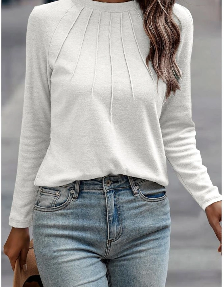 White Solid Color Seam Detail Raglan Long Sleeve Top