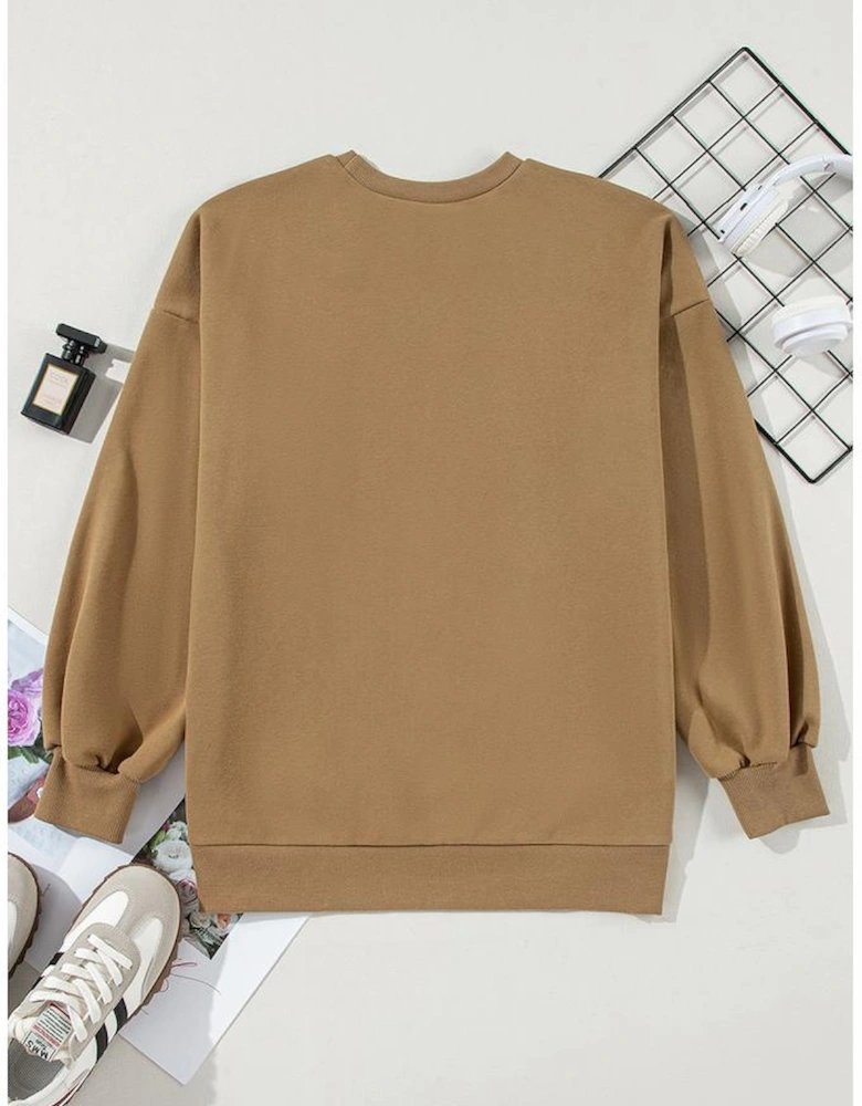 Camel Solid Fleece Lined Drop Shoulder High Low Sweatshirt