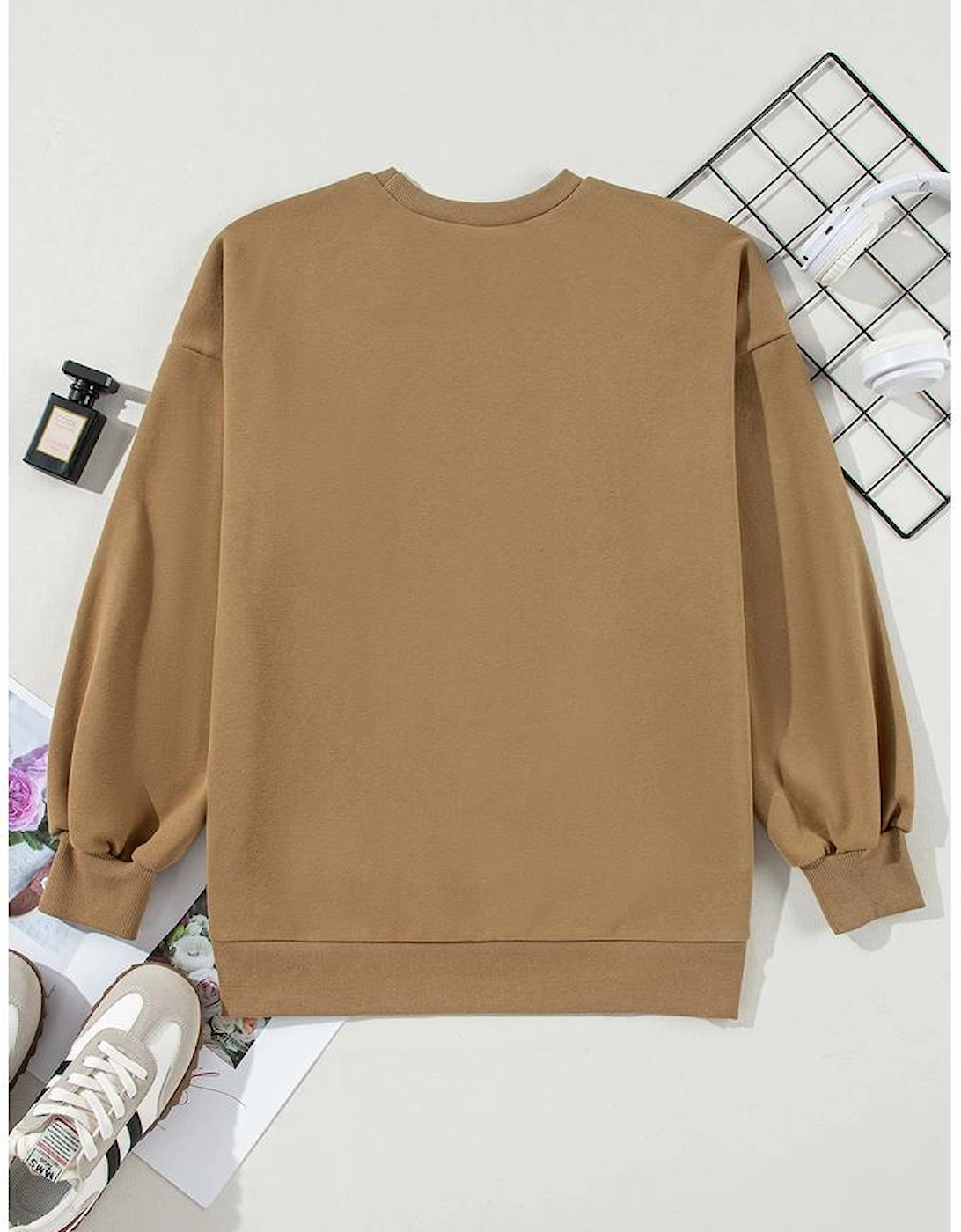 Camel Solid Fleece Lined Drop Shoulder High Low Sweatshirt