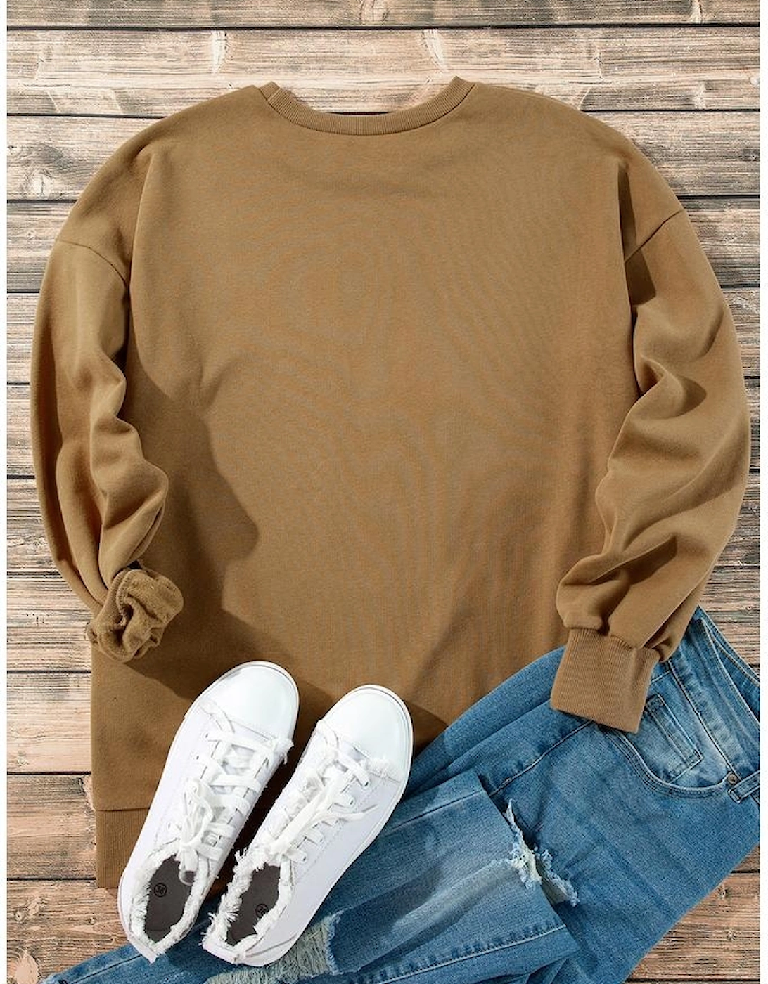 Camel Solid Fleece Lined Drop Shoulder High Low Sweatshirt