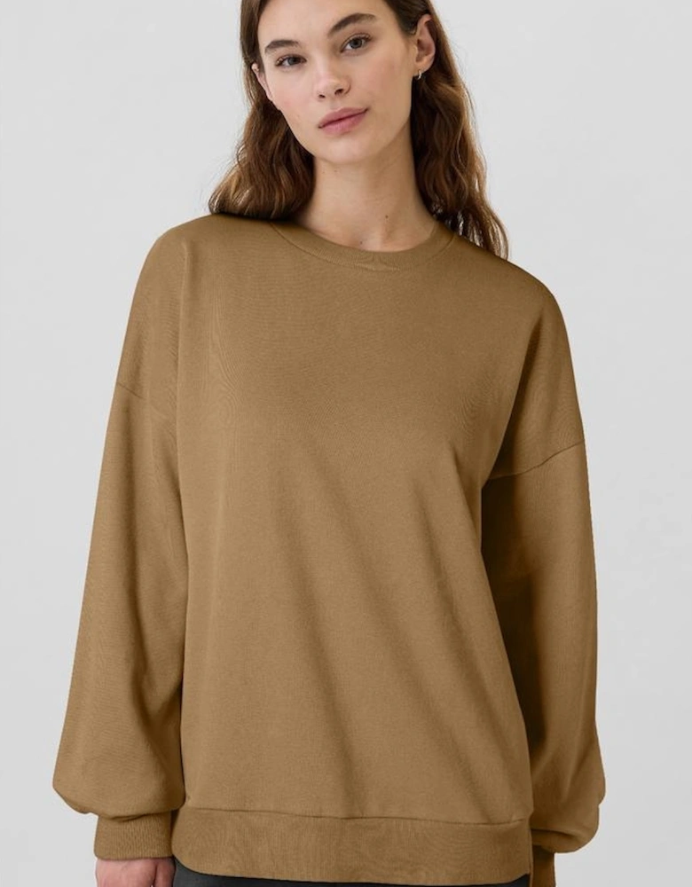 Camel Solid Fleece Lined Drop Shoulder High Low Sweatshirt